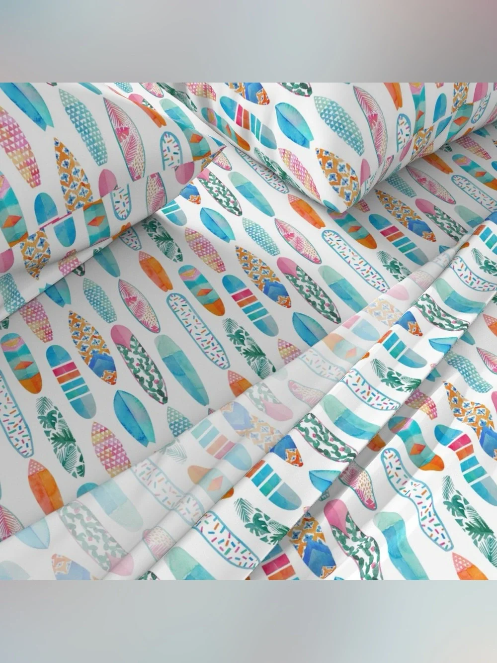 Spoonflower Queen Bed Sheet Set in Surfboards Medium Scale Watercolor Print